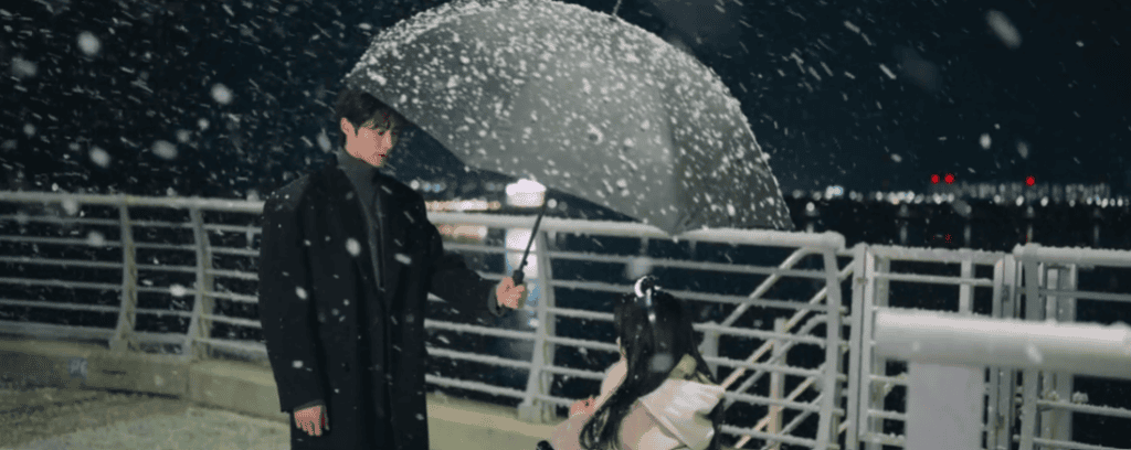 K-drama character with umbrella in rain at Chuncheondaegyo Bridge