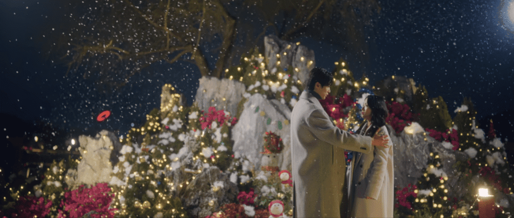Romantic couple at Dongtan Lake Park with flowers and lights, Lovely Runner