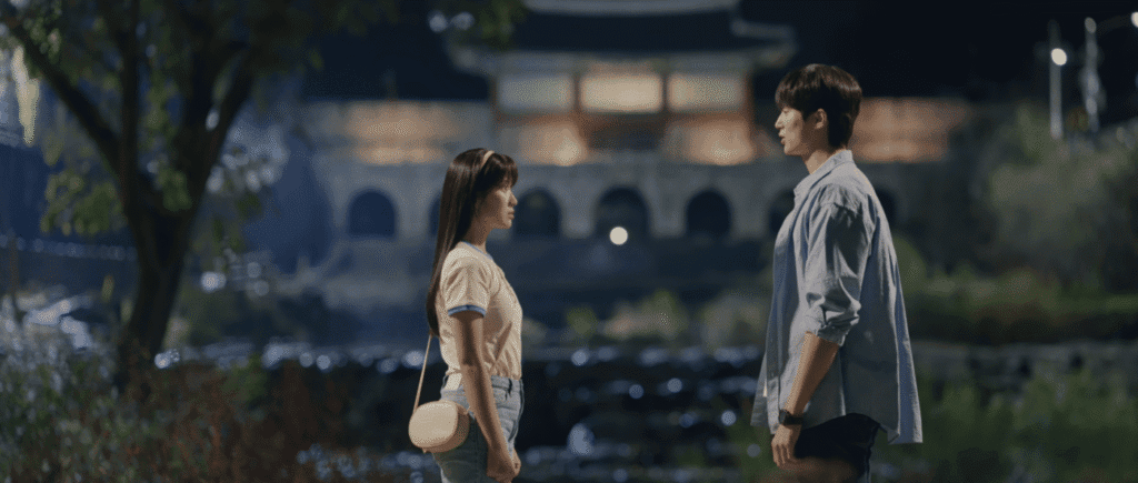 K-drama couple at illuminated Hwahongmun Gate at night
